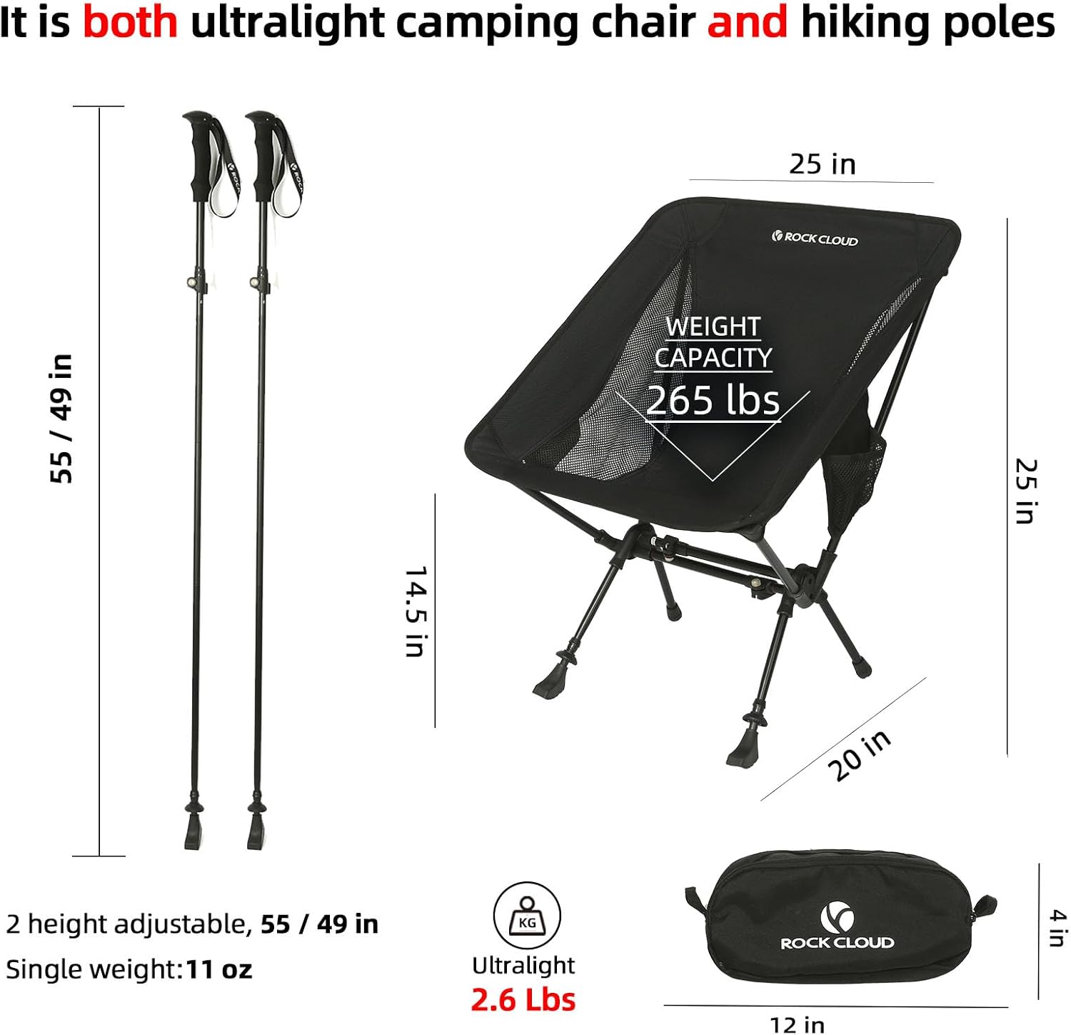 ROCK CLOUD Portable Camping Chair Ultralight Folding Chairs and Trekking Pole 2 in 1 for Outdoor Camp Hiking Backpacking Lawn Beach Sports - Image 3