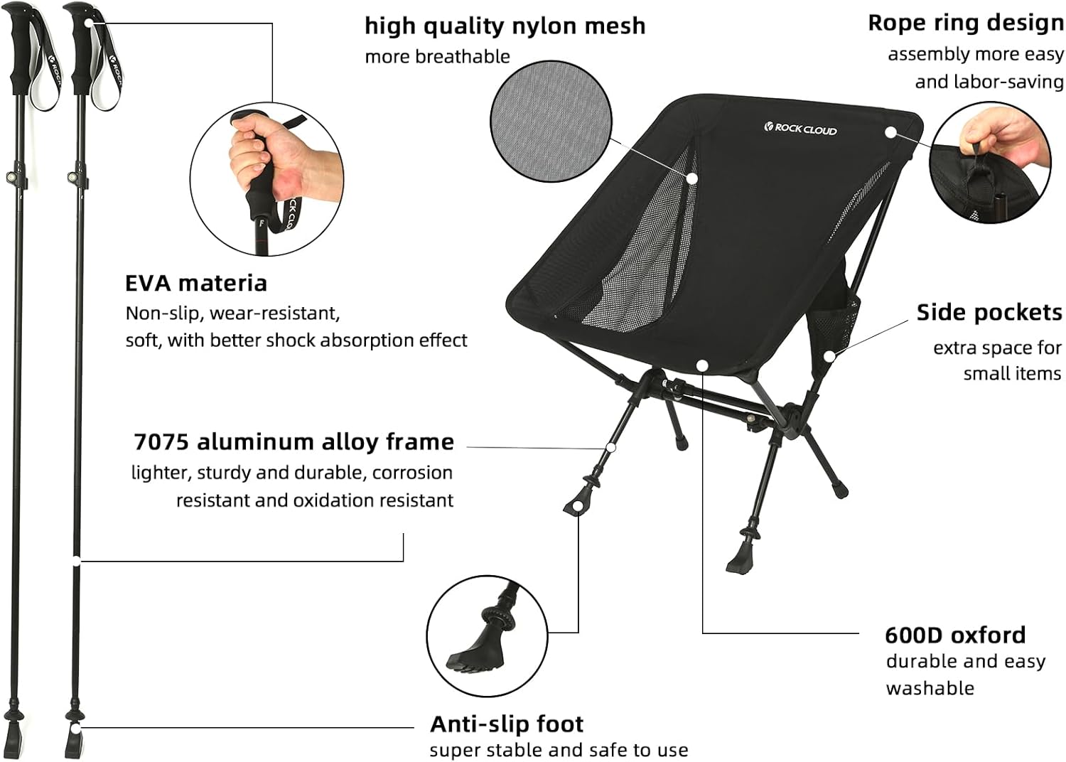 ROCK CLOUD Portable Camping Chair Ultralight Folding Chairs and Trekking Pole 2 in 1 for Outdoor Camp Hiking Backpacking Lawn Beach Sports - Image 4