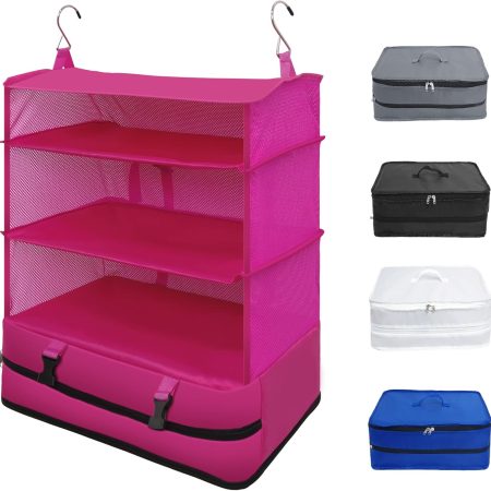 Twira Portable Hanging Travel Shelves, Suitcase Organizer, Packing Cubes for Travel, Carry-On Closet Insert, X-Large Capacity Travel Bags Collapsible 4-Shelf Travel Closet with 2 Hooks (Rose Red)