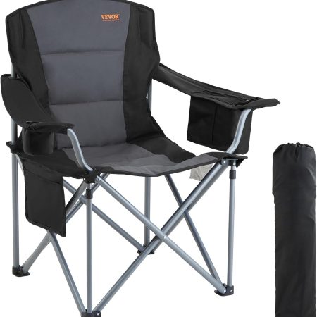 VEVOR Camping Folding Chair, Portable Heavy Duty Outdoor Quad Lumbar Back Padded with Side Pockets, Cup Holder and Cooler Bag for Beach, Lawn, Picnic, Fishing, Backpacking, Black