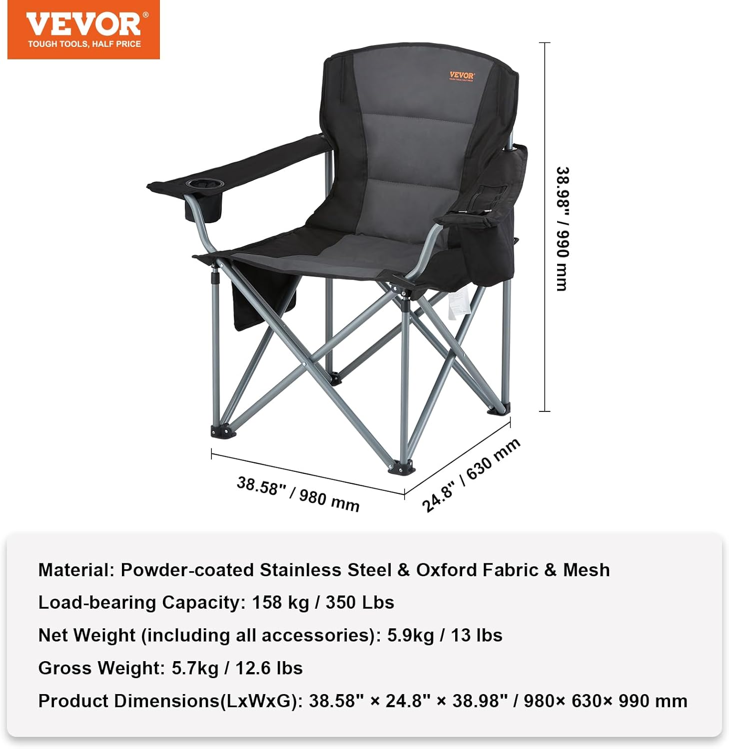 VEVOR Camping Folding Chair, Portable Heavy Duty Outdoor Quad Lumbar Back Padded with Side Pockets, Cup Holder and Cooler Bag for Beach, Lawn, Picnic, Fishing, Backpacking, Black - Image 3